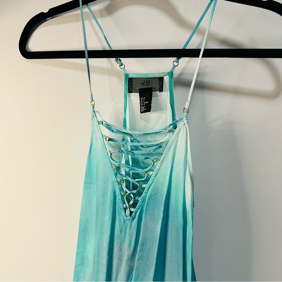 H&M Tie-Dye Ombre Maxi Dress Lace-Up Front Size 8 Blue Green White - Picture 2 of 10